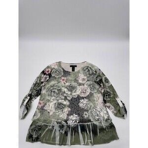 Ali Miles Tunic Top Women's Large Green Floral Long Sleeve Mesh Sequin Chiffon